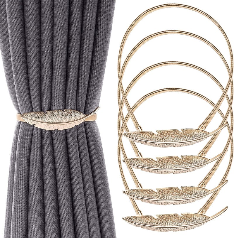 LLPMutu 4Pack Curtain Tiebacks Aluminum Alloy Spring Design Curtain Holdback Leaf Carving Design Curtain Ties for Drapes Curtain Ties Backs Curtain Modern Simple Style Curtain Holdback Decor (Gold Feather) - Image 1